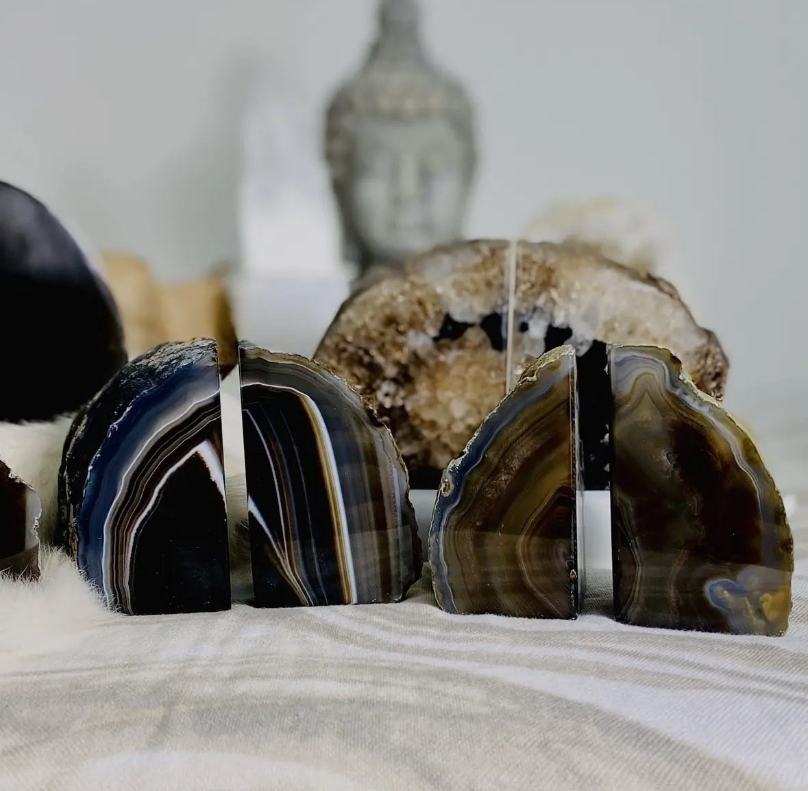 Black Agate Geode Bookends