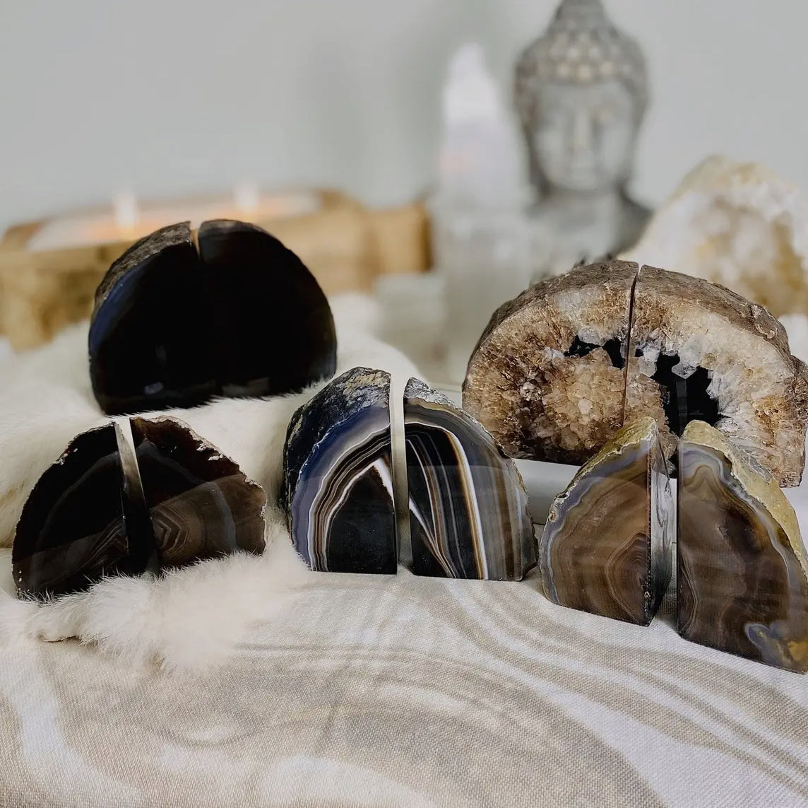 Black Agate Geode Bookends