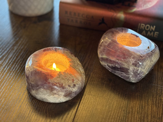 Chevron Amethyst polished candle holder- illuminate Your Reading Nook with Natural Beauty